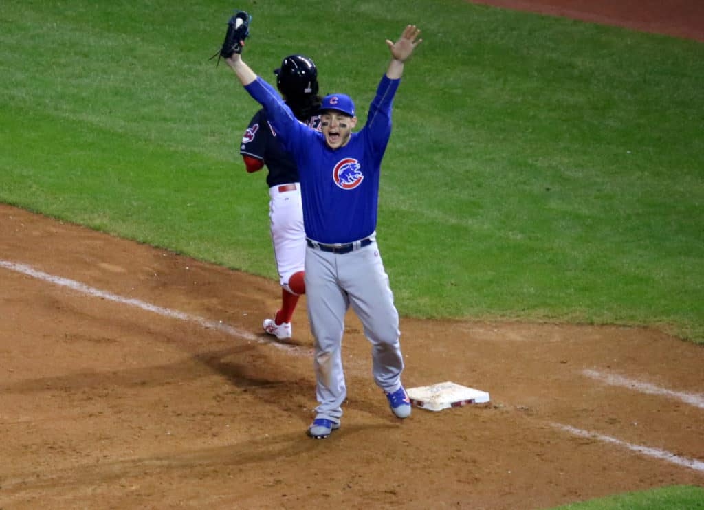 Cubs first baseman Anthony Rizzo celebrates the final out of the 2016 World Series.